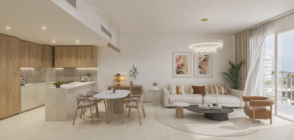 Sleek kitchen island with modern appliances in Gardenia Bay apartment